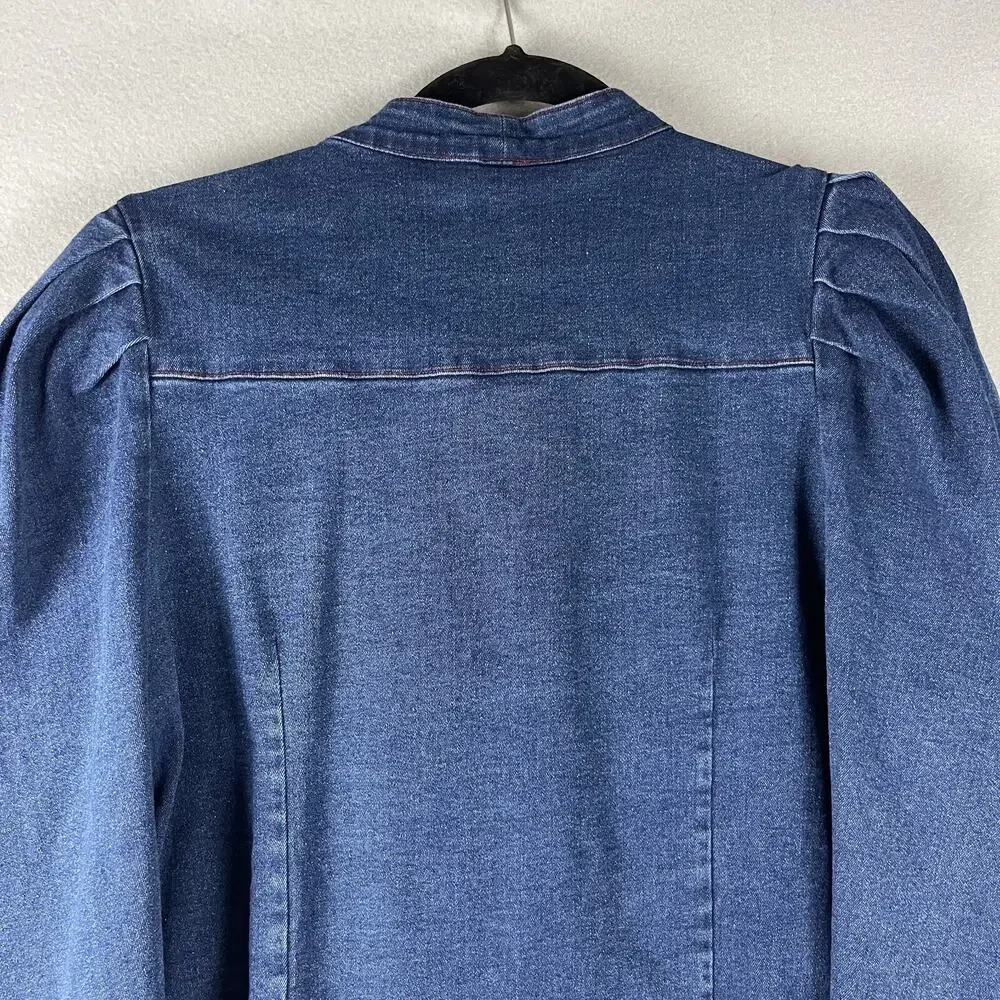 Aaron & Amber Denim Top Womens Large Blue Puff Sleeve Tie Neck Snap Button Heavy - Picture 12 of 16
